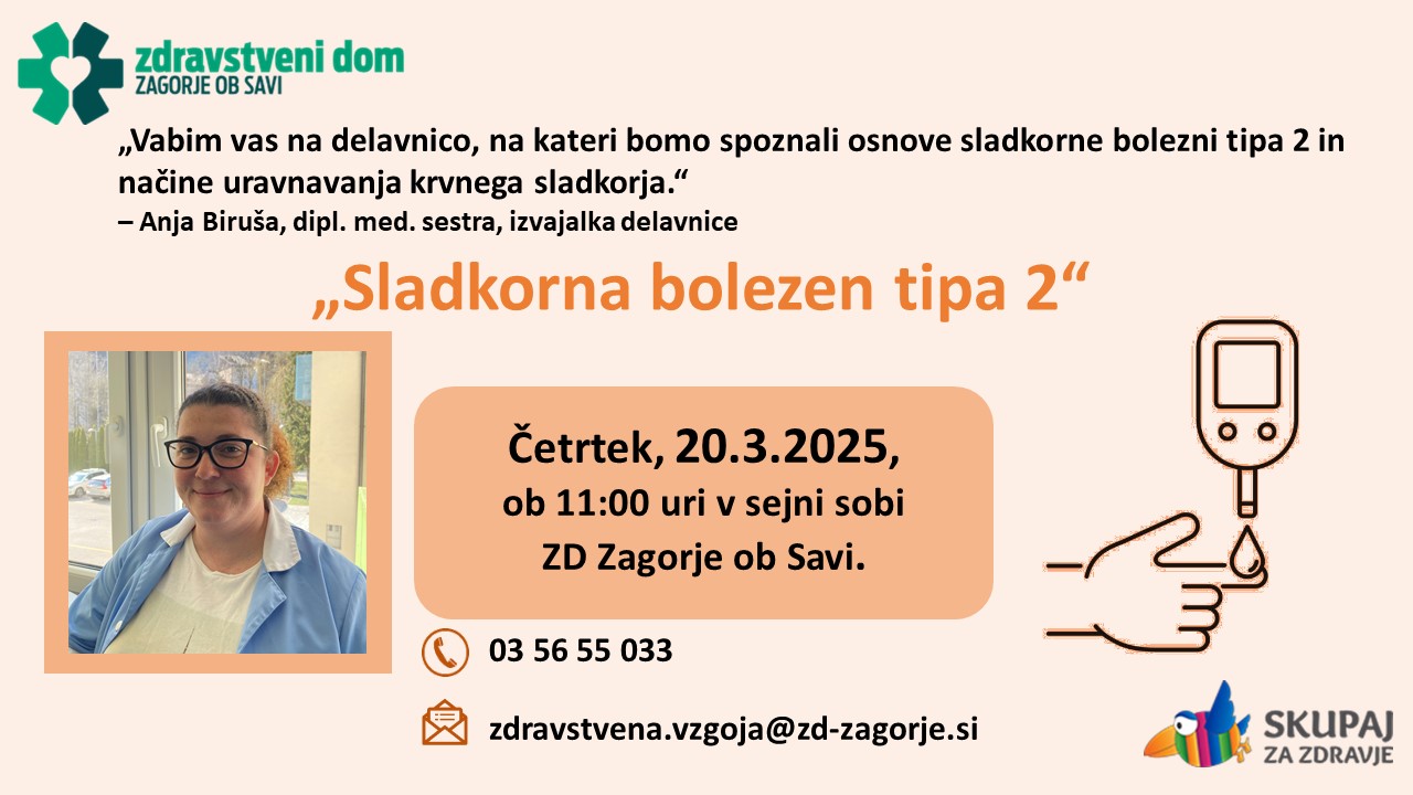 Vabilo ZD Zagorje na delavnico sladkorna bolezen tipa 2